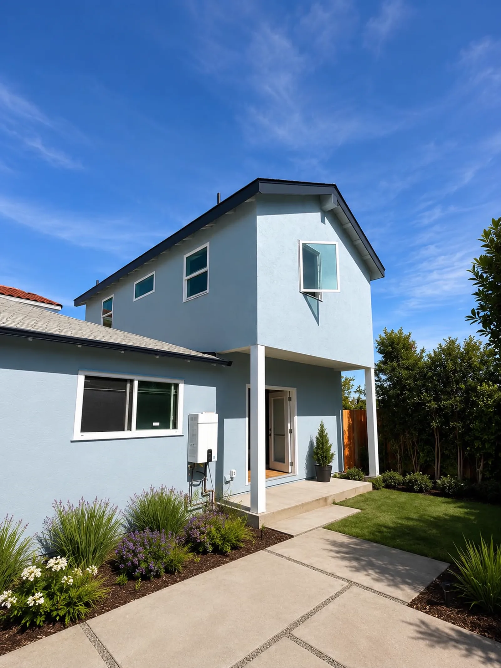 Attached two-story ADU in light blue stucco beside the main home