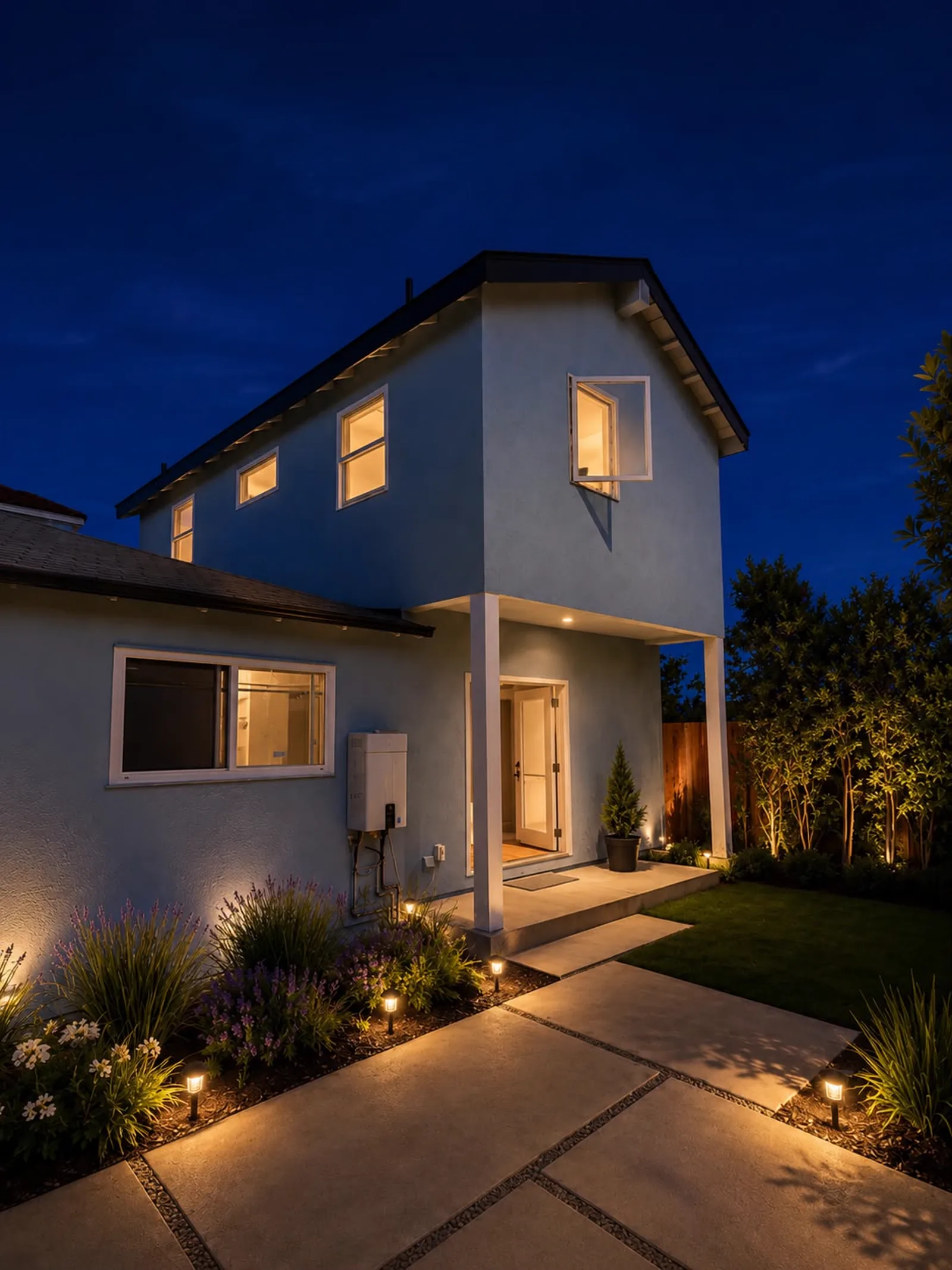 The attached two-story ADU at dusk with warm interior and path lighting